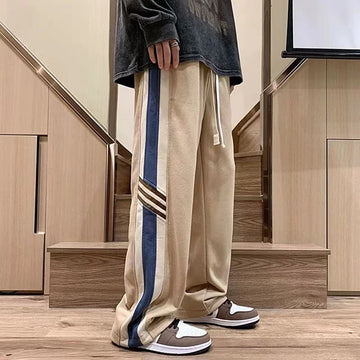 Aidase American Street Trendy Fashion Striped Contrasting Colors Casual Pants Elastic Waist Drawstring Pockets Loose Straight Trousers aidase-shop
